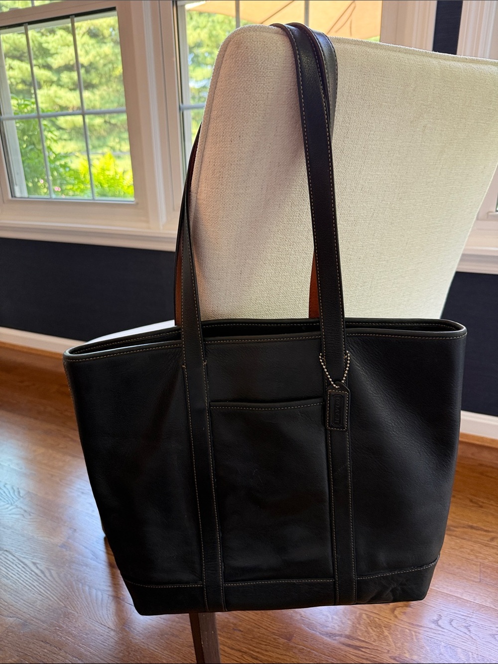 Vintage Coach Black Leather Hampton Tote with Front Pocket